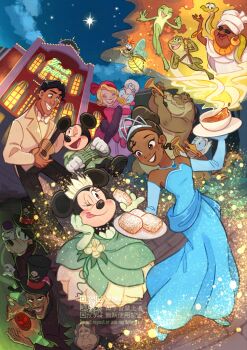 Rule 34 | 5girls, 6+boys, blonde hair, blue eyes, breasts, brown hair, charlotte la bouff, collage, commentary request, company connection, daisy duck, disney, donald duck, dr. facilier, dress, earrings, gamorangetana, goofy, highres, jewelry, long sleeves, mickey mouse, mickey mouse &amp; friends, minnie mouse, multiple boys, multiple girls, off-shoulder dress, off shoulder, pink lips, prince naveen, smile, takatmaorange, the princess and the frog (disney), tiana (the princess and the frog), tiara