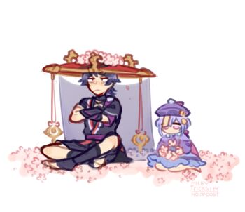 1boy 1girl armor artist_name black_bodysuit black_kimono black_leggings black_shorts black_sleeves blue_skirt blunt_ends bodysuit closed_mouth coin_hair_ornament commentary crossed_arms english_commentary field flower flower_field flower_wreath full_body genshin_impact gold hair_ornament han&#039;eri hat hat_flower highres holding holding_wreath indian_style japanese_armor japanese_clothes jewelry jiangshi jingasa kimono kote kurokote layered_kimono layered_sleeves leggings long_sleeves looking_at_object looking_down looking_past_viewer milkytrickster neck_ring ofuda ofuda_on_head open_clothes open_kimono petals pink_eyes pink_flower pink_petals purple_hair purple_hat purple_sash purple_sleeves purple_veil qingdai_guanmao qiqi_(genshin_impact) red_hat red_kimono sanpaku sash scaramouche_(genshin_impact) seiza short_sleeves shorts sitting skirt talisman tassel thighhighs v-shaped_eyebrows veil white_background white_kimono white_thighhighs