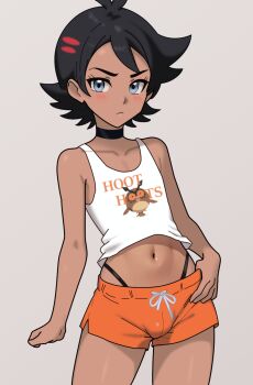 blue_eyes blush bulge choker femboy_hooters_(meme) gen_2_pokemon goh_(pokemon) highres hooters hoothoot male_focus midriff nintendo pokemon pokemon_(anime) pokemon_journeys shorts shota simple_background tank_top thong