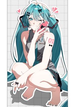 1girl ahoge aqua_eyes aqua_hair aqua_nails aqua_necktie aqua_trim arm_on_knee bare_arms bare_legs bare_shoulders barefoot black_skirt bow bow_tattoo breasts character_name_tattoo commentary_request finger_ribbon fingernails full_body grey_shirt grid_background hair_bow hair_intakes hair_ornament hair_ribbon hatsune_miku heart highres holding holding_phone light_smile long_hair looking_at_viewer nail_polish necktie number_tattoo one_eye_closed phone ribbon shirt shoulder_tattoo skirt sleeveless sleeveless_shirt small_breasts solo squatting tattoo toenail_polish toenails toes twintails uryoko very_long_hair vocaloid wing_collar
