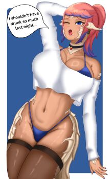 Rule 34 | 1girl, absurdres, au ra, blue eyes, blush, breasts, commentary, dragon girl, emperorstime, english commentary, final fantasy, final fantasy xiv, highres, large breasts, open mouth, pink hair, scales, simple background, stomach, tail, thighhighs, thighs, underwear, warrior of light (ff14), white scales