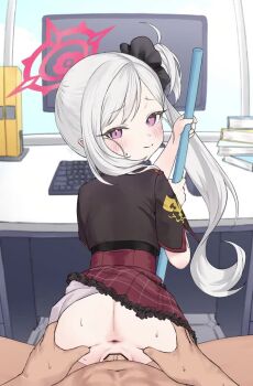 1boy 1girl aak animated anus ass bar_censor blue_archive blush book broom censored clothed_female_nude_male clothed_sex computer_keyboard desk grey_hair halo hetero holding holding_broom indoors loli long_hair looking_at_viewer looking_back monitor mutsuki_(blue_archive) nude penis pink_halo pov pov_crotch pov_hands purple_eyes pussy sex sex_from_behind side_ponytail skirt smile tagme thighs ugoira vaginal veins veiny_penis video