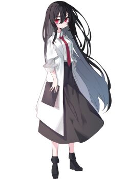 1girl alternate_eye_color alternate_hair_length alternate_hairstyle black_hair black_shoes black_skirt checklist closed_mouth coat collared_coat collared_shirt hair_between_eyes highres holding long_hair long_skirt looking_at_viewer muraryo necktie puffy_sleeves shirt shirt_tucked_in shoes simple_background skirt sleeve_cuffs solo standing tachi-e touhou usami_renko very_long_hair white_background white_coat
