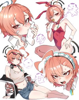 1girl absurdres ahoge alternate_costume amat0_0 animal_ears bandaid bandaid_on_knee bandaid_on_leg black_hairband black_halo blue_archive blush bow bowtie braid breasts candy commentary_request denim denim_shorts doodle_sensei_(blue_archive) eyewear_on_head fake_animal_ears food frilled_hairband frills hairband halo hand_on_another's_face headphones headphones_around_neck highleg highleg_panties highres holding holding_candy holding_food holding_hands holding_lollipop huge_ahoge jacket leotard lollipop looking_at_viewer midriff mole mole_under_each_eye mole_under_eye multiple_moles multiple_views navel neru_(blue_archive) neru_(bunny)_(blue_archive) official_alternate_costume open_mouth orange_hair oversized_breast_cup panties playboy_bunny print_jacket rabbit_ears red_bow red_bowtie red_eyes red_leotard sensei_(blue_archive) short_hair shorts single_braid small_breasts solo strapless strapless_leotard sukajan sunglasses tank_top torn_clothes underwear white_tank_top