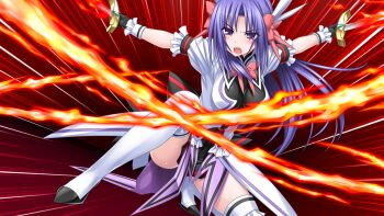 1girl black_gloves blush boots bow breasts dual_wielding fingerless_gloves fire game_cg gloves hair_bow hair_ornament higuchi_isami holding holding_sword holding_weapon large_breasts long_hair looking_at_viewer magical_girl mahou_shoujo_sae murakami_shizuru non-web_source official_art on_one_knee open_mouth purple_eyes purple_hair short_sleeves skirt solo sword thigh_boots thighhighs weapon white_thighhighs