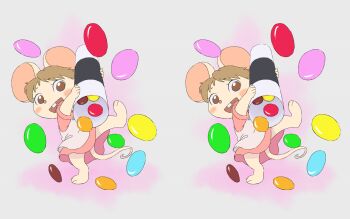 1girl animal animal_ears animal_hands barefoot blush blush_stickers brown_eyes brown_hair buck_teeth candy chocolate dress food furry highres holding looking_at_viewer marble_chocolate mini_person minigirl mouse_(animal) mouse_ears mouse_girl mouse_tail multiple_views open_mouth original pink_background pink_dress pouring short_hair short_sleeves sleeveless sleeveless_dress smile spot_the_differences standing standing_on_one_leg tail teeth valentine white_dress yamanokonza