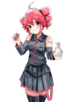 1girl ahoge blush blush_stickers cup dot_nose drill_hair grey_jacket grey_skirt hand_up highres holding holding_cup jacket kasane_teto kasane_teto_(utau) looking_at_viewer mp777b pink_hair red_eyes simple_background skirt solo thighhighs utau white_background