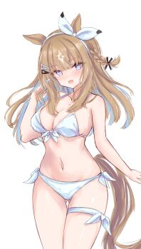 Rule 34 | 1girl, :d, absurdres, almond eye (umamusume), animal ears, bikini, breasts, brown hair, cdsola, cleavage, colored inner hair, commentary request, gluteal fold, groin, halterneck, highres, horse ears, horse girl, long hair, looking at viewer, medium breasts, multicolored hair, navel, open mouth, side-tie bikini bottom, simple background, skindentation, smile, solo, stomach, string bikini, swimsuit, umamusume, white background, white bikini