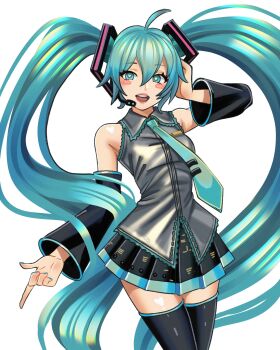1girl ahoge aqua_eyes aqua_hair aqua_nails aqua_necktie black_skirt black_sleeves black_thighhighs breasts commentary cowboy_shot detached_sleeves english_commentary gigis_lab grey_shirt hatsune_miku headset highres long_hair miniskirt narrow_waist necktie open_mouth shirt skirt sleeveless sleeveless_shirt small_breasts smile solo thighhighs twintails very_long_hair vocaloid zettai_ryouiki