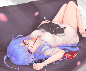 1girl absurdres animal_on_stomach azur_lane bespectacled black_cat blue_hair breasts brown-framed_eyewear cat cellphone couch dress food glasses helena_(azur_lane) highres kyl490 listening_to_music looking_at_viewer lying medium_breasts multicolored_hair on_back petals phone pocky purple_hair short_sleeves smartphone solo streaked_hair two-tone_hair white_dress