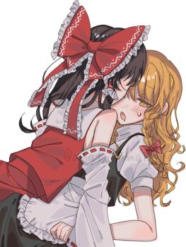 2girls amatukimahoro apron bare_shoulders black_skirt black_vest blonde_hair blush bow braid brown_hair commentary_request detached_sleeves frilled_bow frilled_hair_tubes frills girl_on_top hair_bow hair_tubes hakurei_reimu highres kirisame_marisa multiple_girls puffy_sleeves red_bow red_shirt red_skirt ribbon-trimmed_sleeves ribbon_trim shirt side_braid single_braid skirt skirt_set touhou turtleneck vest waist_apron white_background white_shirt yellow_eyes yuri