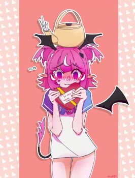 1girl @_@ animated artist_name bare_legs blush box box_of_chocolates camila_(vtuber) confession demon_girl demon_wings english_text head_wings imp indie_virtual_youtuber kettle klef_(k_lef111256) letter love_letter nervous object_on_head pink_eyes pink_hair pointy_ears shy single_wing solo sweat tagme tail tail_wagging thighs valentine video virtual_youtuber wavy_mouth wings