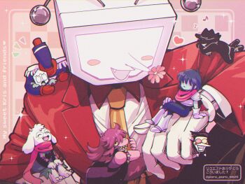 1girl 1other 6+boys ant_tenna armlet armor black_hair blue_hair cape circle_facial_mark closed_eyes collared_shirt colored_sclera colored_skin colored_teeth crt deltarune epaulettes fang flower furry furry_female furry_male gloves goat_boy green-framed_eyewear green_eyes green_pippins heart heterochromatic_eyewear holding holding_mini_person jacket jewelry long_nose medium_hair mini_person miniboy minigirl multiple_boys musical_note necktie notice_lines object_head pink_skin pippins_(deltarune) pointy_nose purple_hair radio_antenna ralsei red_cape red_jacket red_scarf round_eyewear scarf shadowguy_(deltarune) shirt short_hair smile spamton_g._spamton spamton_g._spamton_(big_shot) spiked_armlet susie_(dark_world)_(deltarune) susie_(deltarune) tachibana_(church111) tinted_eyewear twitter_username utdr_(toby_fox) white_gloves white_shirt yellow_necktie yellow_sclera yellow_teeth zapper_(deltarune)