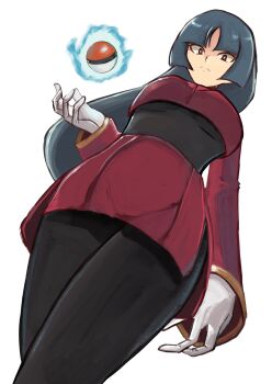 Rule 34 | 1girl, blue hair, blunt bangs, bodysuit, bodysuit under clothes, breasts, cropped jacket, from below, gloves, highres, jacket, long hair, long sleeves, medium breasts, miniskirt, nintendo, pencil skirt, poke ball, poke ball (basic), pokemon, pokemon frlg, red eyes, red jacket, red skirt, sabrina (pokemon), side slit, skirt, solo, straight hair, telekinesis, tikuwabu 33, turtleneck, turtleneck jacket, white gloves