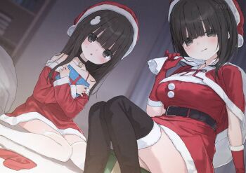 2girls :o :p bare_shoulders bell black_choker black_eyes black_hair black_thighhighs box breasts buran_buta capelet choker christmas closed_mouth collarbone commentary_request dress flat_chest fur-trimmed_capelet fur-trimmed_gloves fur-trimmed_headwear fur-trimmed_sleeves fur-trimmed_thighhighs fur_trim gift gift_box gloves hair_ornament hairclip hat holding holding_gift holding_sack jingle_bell large_breasts long_hair long_sleeves looking_at_viewer medium_hair multiple_girls neck_bell open_mouth original red_capelet red_dress red_gloves red_hat sack santa_costume santa_dress santa_hat sitting strapless strapless_dress thighhighs tongue tongue_out white_thighhighs