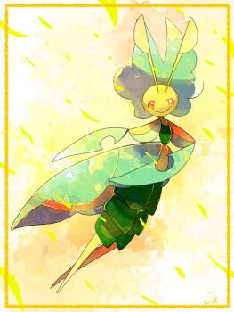 :> antennae arthropod_girl border gen_5_pokemon leaf leavanny loki_(regulus_1111) looking_at_viewer nintendo pokemon pokemon_(creature) red_eyes yellow_background yellow_border