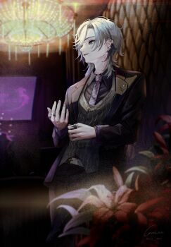 1boy absurdres adjusting_clothes black_jacket black_suit ca_mei chandelier cowboy_shot flower formal_clothes fuwa_minato fuwa_minato_(2nd_costume) grey_hair hair_between_eyes highres indoors jacket jewelry lapels long_sleeves looking_ahead male_focus medium_hair multicolored_hair multiple_rings necktie nijisanji notched_lapels open_clothes open_jacket open_mouth parted_bangs purple_eyes red_flower ring smile solo streaked_hair striped_clothes striped_vest suit vertical-striped_clothes vertical-striped_vest vest virtual_youtuber waistcoat