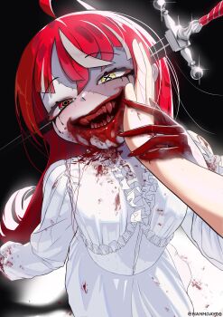 Rule 34 | 1girl, absurdres, blood, blood from mouth, blood on clothes, blood on hands, colored skin, cosplay, dress, grey hair, grey skin, grin, heterochromia, highres, holding, hololive, hololive indonesia, kureiji ollie, long hair, looking at viewer, mismatched pupils, multicolored hair, multicolored skin, nanndayoo, object through head, open mouth, patchwork skin, pink hair, pov, red eyes, red hair, resident evil, resident evil requiem, selena corey, selena corey (cosplay), smile, solo focus, standing, stitched face, stitches, sword in head, symbol-shaped pupils, two-tone skin, virtual youtuber, weapon, white dress, white hair, x-shaped pupils, yellow eyes, zombie