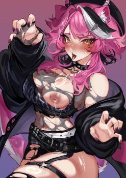 1girl absurdres alternate_costume animal_ear_fluff animal_ear_piercing animal_ears belt beret black_belt black_choker black_hair black_hat black_jacket black_nails black_skirt black_tank_top black_thighhighs breasts choker claw_pose cleavage colored_inner_hair commentary crop_top cum cum_on_body cum_on_hair cum_on_hands cum_string facial fingerless_gloves fingernails fish_skeleton_hair_ornament gloves goth_fashion gradient_background hair_intakes hair_ornament hat heart heart_collar heart_o-ring highres hololive hololive_english jacket lace lace_gloves lace_shirt large_breasts long_fingernails long_sidelocks long_sleeves looking_at_viewer medium_hair messy_hair multicolored_hair nipples o-ring o-ring_thigh_strap open_clothes open_jacket panther_ears panther_girl panther_print panther_tail pink_hair plaid_clothes plaid_skirt raora_panthera saliva saliva_trail see-through_clothes see-through_shirt shirt sidelocks simple_background single_fingerless_glove skin_tight skirt slit_pupils spiked_choker spikes streaked_hair suliavtuber swept_bangs tail tank_top thick_eyelashes thick_thighs thigh_strap thighhighs thighs tongue tongue_out torn_clothes torn_shirt torn_skirt torn_tank_top torn_thighhighs virtual_youtuber white_hair x_hair_ornament yellow_eyes