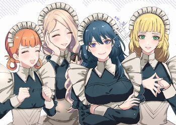&gt;:) 4girls absurdres alternate_costume annette_fantine_dominic apron black_dress blonde_hair blue_eyes blue_hair breasts clenched_hands closed_eyes closed_mouth commentary_request crossed_arms dress enmaided facing_another female_byleth_(fire_emblem) fire_emblem fire_emblem:_three_houses green_eyes hair_between_eyes hair_rings hand_on_own_cheek hand_on_own_face happy highres ingrid_brandl_galatea large_breasts long_sleeves looking_at_viewer maid maid_apron maid_headdress medium_breasts mercedes_von_martritz multiple_girls nintendo open_mouth orange_hair puffy_long_sleeves puffy_sleeves simple_background small_breasts smile sparkle tani11a tongue translation_request v-shaped_eyebrows white_background