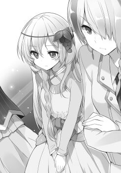 3girls belt braid breasts claire_(konosuba) closed_mouth clothing_cutout collared_shirt cowboy_shot crossed_arms dress earrings expressionless food food-themed_hair_ornament fruit fruit_hair_ornament grape_hair_ornament grapes greyscale hair_between_eyes hair_ornament hair_over_one_eye highres iris_(konosuba) jacket jewelry kono_subarashii_sekai_ni_shukufuku_wo! long_dress long_hair long_sleeves mishima_kurone monochrome multiple_girls necktie non-web_source novel_illustration official_art sash shirt side_braid simple_background single_sidelock small_breasts upper_body v-shaped_eyebrows very_long_hair