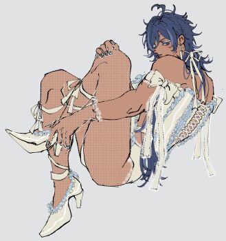 1boy absurdres adjusting_footwear ahoge blue_eyes blue_eyeshadow blue_hair blush bow bulge closed_mouth corset cross cross_earrings crossdressing crossdressing_(mtf) dark-skinned_male dark_skin earrings eyepatch eyeshadow from_side full_body genshin_impact grey_background hair_bow hand_on_own_knee heart heart_ahoge high_heels highres jewelry kaeya_(genshin_impact) knees_up long_hair looking_at_viewer makeup male_focus panties pantyhose riki0928 see-through_pantyhose sideways_glance simple_background sitting smile solo underwear wavy_hair white_bow white_corset white_panties white_pantyhose