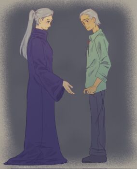 1boy 1girl aqua_shirt black_shoes blue_dress bolo_tie closed_mouth collared_shirt dress flwerlanguage grey_hair grey_pants hashtag-only_commentary highres kurashiki_akane kyokugen_dasshutsu kyokugen_dasshutsu_adv:_zennin_shibou_desu long_dress long_hair long_sleeves old old_man old_woman pants ponytail shirt shoes short_hair spoilers standing tenmyouji_(kyokugen_dasshutsu)