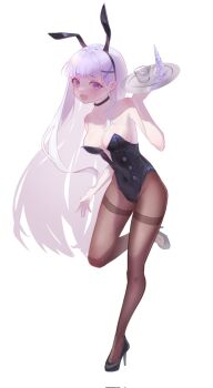 Rule 34 | 1girl, animal ear hairband, animal ears, arm at side, ayatsuno yuni, black choker, black hairband, black hiphighs, black leotard, black shoes, breasts, choker, covered navel, fake animal ears, full body, glass, grey hair, hair ornament, hairband, hand up, high heels, highres, hiphighs, holding, holding tray, karyou dayo, leg up, leotard, long hair, medium breasts, open mouth, purple eyes, rabbit ear hairband, rabbit ears, shoes, solo, standing, standing on one leg, stellive, straight hair, strapless, strapless leotard, sweat, thighband hiphighs, tray, variant set, very long hair, virtual youtuber, x hair ornament