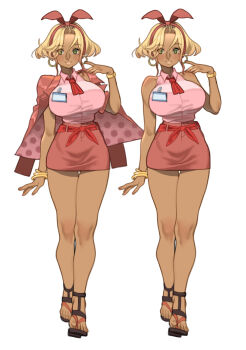 1girl arm_at_side ascot badge bare_legs bare_shoulders belt black_shoes blonde_hair blush bow bracelet breasts closed_mouth collared_shirt commentary concept_art dark-skinned_female dark_skin earrings english_commentary full_body gradient_hair green_eyes hair_between_eyes hair_bow hand_up highres hoop_earrings jacket jacket_on_shoulders jewelry large_breasts lips looking_at_viewer mole mole_under_eye multicolored_hair multiple_bracelets multiple_views office_lady open-toe_shoes original pink_bow pink_jacket pink_lips pink_shirt pink_skirt poch4n red_ascot red_belt red_bow red_streaks reference_sheet shirt shoes short_hair sidelocks simple_background skirt sleeveless sleeveless_shirt standing streaked_hair tan toes white_background
