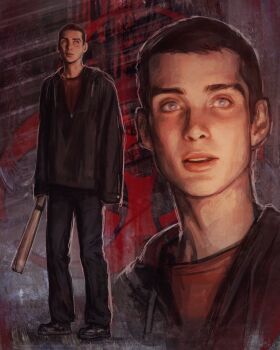 1boy 28_days_later absurdres baseball_cap blue_eyes commentary english_commentary hat highres jacket jim_(28_days_later) kryceir male_focus pants shirt shoes short_hair solo