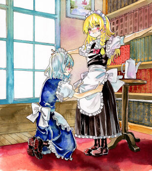 2girls adjusting_another&#039;s_clothes alternate_costume apron back_bow black_skirt black_vest blonde_hair blue_dress blush book bookshelf bow braid closed_mouth commentary_request cup dress enmaided grey_hair hair_bow highres izayoi_sakuya kabaji kirisame_marisa kneeling long_hair maid maid_headdress multiple_girls outstretched_arms painting_(object) picture_frame puffy_short_sleeves puffy_sleeves red_carpet shoes short_sleeves side_braid single_braid skirt spread_arms teacup teapot touhou traditional_media vest waist_apron white_apron white_bow window yellow_eyes