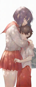 1boy 1girl adversarial_noise artist_name backpack bag brown_eyes brown_hair commentary_request cowboy_shot green_eyes height_difference hetero highres hug inaba_makoto koeda_yuki_(koushinchou_no_kouhai_to_teishinchou_no_senpai_ga_renai_ni_hatten_suru_made) koushinchou_no_kouhai_to_teishinchou_no_senpai_ga_renai_ni_hatten_suru_made long_sleeves oohara_misaki_(koushinchou_no_kouhai_to_teishinchou_no_senpai_ga_renai_ni_hatten_suru_made) pants pleated_skirt purple_hair red_pants red_sailor_collar red_skirt sailor_collar school_uniform serafuku shirt short_hair shorter_male simple_background skirt standing tall_female white_background white_shirt