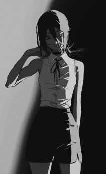 1girl absurdres chainsaw_man choker closed_mouth collared_shirt commentary_request cowboy_shot greyscale hair_between_eyes highres looking_to_the_side medium_hair monochrome neck_ribbon reze_(chainsaw_man) ribbon shirt shirt_tucked_in shorts sidelighting sidelocks simple_background sleeveless sleeveless_shirt smile solo two-tone_background urkt_10