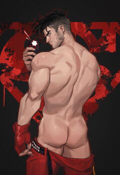 1boy amo_(amo9612) ass bara dc_comics facial_hair fingerless_gloves from_behind gloves highres looking_at_viewer male_focus mature_male muscular muscular_legs muscular_male phone selfie short_hair shorts sideburns solo standing stubble superboy thighs topless_male young_justice