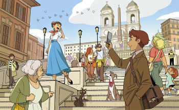 :d bag blonde_hair blue_skirt blue_sky brown_hair building cat cellphone child commentary_request curly_hair dark-skinned_female dark_skin day dog earrings glasses grey_hair gurihiru hair_bun holding holding_phone italy jewelry lamppost multiple_boys multiple_girls neckerchief old old_woman open_mouth orange_hair original outdoors phone real_world_location red_neckerchief shirt shoulder_bag skirt sky smile stairs white_shirt