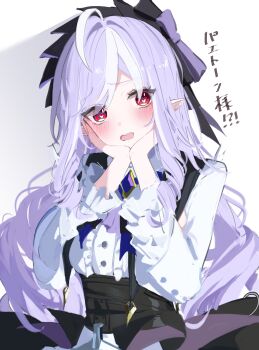 1girl absurdres ahoge ascot blush bow bowtie breast_curtains center_frills commentary_request drill_hair drill_sidelocks frills gem hairband hands_on_own_cheeks hands_on_own_face heart heart-shaped_pupils highres long_hair looking_at_viewer magnet_8_8 mole mole_under_eye open_mouth pointy_ears purple_ascot purple_bow purple_bowtie purple_gemstone purple_hair purple_hairband red_eyes revision shadow shrug_(clothing) sidelocks simple_background solo symbol-shaped_pupils translation_request upper_body vivian_banshee white_background white_shrug zenless_zone_zero