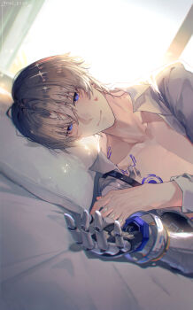 1boy backlighting bare_pectorals bite_mark bite_mark_on_neck blue_eyes blue_tattoo body_markings chest_tattoo closed_mouth collarbone collared_shirt commentary curtained_hair curtains cyborg earrings facial_mark finger_tattoo grey_hair hair_between_eyes hands_up head_on_pillow heart heart_facial_mark highres indoors jewelry light_smile lying male_focus mechanical_arms mechanical_hands middle_part morning morning_after nai_pizx narrowed_eyes on_bed on_side open_clothes open_shirt patterned_hair pectoral_cleavage pectorals pillow pov pov_across_bed shirt short_hair single_mechanical_arm single_mechanical_hand solo stud_earrings sunlight tattoo twitter_username upper_body very_short_hair white_shirt window wing_collar wuthering_waves xiangli_yao_(wuthering_waves) yellow_pupils