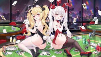 2girls :3 absurdres ace_(playing_card) ace_of_diamonds ace_of_hearts ace_of_spades ahoge animal_ears arm_garter ass backless_leotard black_bow black_leotard black_shoes black_thighhighs blonde_hair blush bow bowtie breasts card casino casino_card_table chair champagne_flute chinese_commentary colored_shoe_soles commentary_request cross_hair_ornament cup detached_collar diamond_(shape) dice dot_nose drinking_glass elbow_gloves fake_animal_ears fake_tail floating_card furrowed_brow gloves hair_between_eyes hair_bow hair_ornament hairclip heart heart_o-ring high_heels highleg highleg_leotard highres holding holding_card indoors jack_(playing_card) king_(playing_card) leotard long_hair looking_at_viewer medium_breasts mikawa_sansen multiple_girls night o-ring o-ring_thigh_strap on_table open_mouth original paw_pose pink_eyes playboy_bunny playing_card poker_chip poker_table pumps queen_(playing_card) rabbit_ears rabbit_tail red_bow red_bowtie red_leotard red_shoes shoe_soles shoes side-tie_leotard sitting smile spade_(shape) stiletto_heels table tail thigh_strap thighhighs tray twintails very_long_hair white_gloves white_hair white_thighhighs white_wrist_cuffs wrist_cuffs yokozuwari