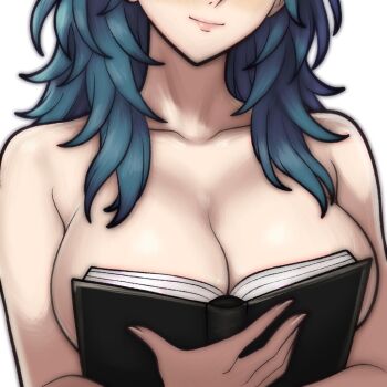 1girl blue_hair boobs_in_book_(meme) book breast_focus breasts cleavage closed_mouth collarbone commentary covering_breasts covering_privates english_commentary female_byleth_(fire_emblem) fire_emblem fire_emblem:_three_houses holding holding_book large_breasts lips long_hair meme nintendo nude pink_lips rotomdocs simple_background smile solo upper_body white_background