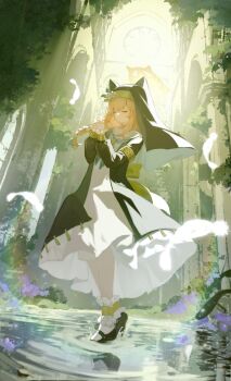 1girl absurdres animal_ears black_jacket black_shoes blue_archive blue_neckerchief braid cat_ears church closed_eyes commentary_request dress flower full_body gold_bangle halo high_heels highres indoors jacket mari_(blue_archive) neckerchief nun nun_headdress orange_hair overgrown own_hands_together praying shoes single_braid solo sunlight water white_dress zhixing_kyouko