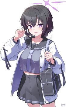 absurdres blue_archive blue_necktie brown_hair grey_sailor_collar grey_shirt grey_skirt hair_between_eyes halo highres looking_at_viewer medium_hair navel necktie purple_eyes purple_halo sailor_collar school_uniform serafuku shirt simple_background skirt subaru_(blue_archive) thighs ujuro white_background