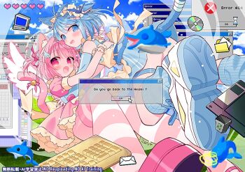 Rule 34 | 2girls, :d, animal ear fluff, animal ears, bandaged tail, bell, bliss (image), blue eyes, blue hair, blue socks, blush, cat ears, cat girl, cat tail, commentary, computer keyboard, cursor, desktop (computing), dolphin, dress, fang, floppy disk, folder, hair ribbon, heart, icon (computing), loose socks, microsoft windows, multiple girls, open mouth, original, pink dress, pink hair, pink ribbon, pink shoes, pixelated, recycle bin, red eyes, ribbed socks, ribbon, shoes, short hair, short sleeves, skin fang, smile, socks, striped clothes, striped thighhighs, tail, tail bell, tail ornament, tail ribbon, thighhighs, upper body, watermark, white shoes, white wings, window (computing), windows xp, wings, zest (lossol)