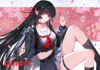 1girl absurdres arm_cutout black_choker black_hair black_serafuku black_shirt black_skirt breasts candy chinnpou chisa_(wuthering_waves) choker closed_mouth clothing_cutout collarbone commentary crop_top food hair_ribbon hashtag-only_commentary highres holding holding_candy holding_food holding_lollipop lollipop long_hair looking_at_viewer looking_to_the_side medium_breasts red_eyes red_ribbon ribbon sailor_collar school_uniform serafuku shirt sitting skirt smile solo tacet_mark_(wuthering_waves) thigh_strap thighs white_sailor_collar wuthering_waves