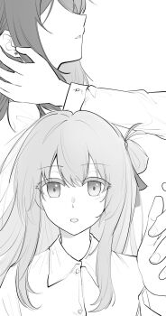 2girls commentary dress_shirt earrings hashtag-only_commentary highres jewelry long_hair mim120809 miyagi_shiori multiple_girls open_mouth sendai_hazuki shirt shuuniichido_classmate_wo_kau_hanashi sidelocks simple_background white_background yuri