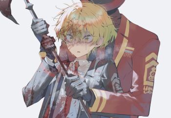 Rule 34 | 1boy, 1other, absurdres, bad id, bad twitter id, behind another, black coat, black gloves, blonde hair, blood, blood on clothes, blood on face, breath, coat, collared shirt, constricted pupils, crying, crying with eyes open, dante (limbus company), gloves, hair between eyes, halberd, highres, holding, holding polearm, holding weapon, inactive account, korean commentary, limbus company, male focus, maratang, necktie, parted lips, polearm, project moon, red coat, red necktie, shirt, simple background, sinclair (project moon), tears, upper body, weapon, white shirt, wide-eyed, yellow eyes