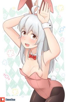 1girl :d ahoge animal_ears argyle_background argyle_clothes armpits arms_up artist_name bare_arms bare_shoulders black_pantyhose blush bow bowtie breasts brown_hair collarbone commentary detached_collar fake_animal_ears hair_between_eyes hairband highres leotard long_hair looking_at_viewer male-female_symbol nipple_slip nipples onii-chan_wa_oshimai! open_mouth oyama_mahiro pantyhose pink_hairband pink_leotard playboy_bunny rabbit_ears rabbit_pose rabbit_tail red_bow red_bowtie rudy_saki simple_background small_breasts smile solo sweatdrop tail white_hair wrist_cuffs