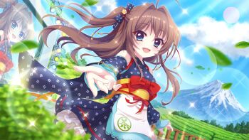 1girl ahoge apron blue_bow blue_eyes blue_kimono blue_sky blurry blurry_foreground bow breasts brown_hair cloud day detached_sleeves dot_nose dutch_angle film_grain game_cg hair_bow hair_intakes izumi_tsubasu japanese_clothes kimono leaf lens_flare long_hair looking_at_viewer medium_breasts mount_fuji non-web_source obi official_art open_mouth outdoors outstretched_arm print_bow print_kimono railing re:stage! sash screen shikimiya_aone sky smile solo sparkle stage stage_lights sunlight two_side_up