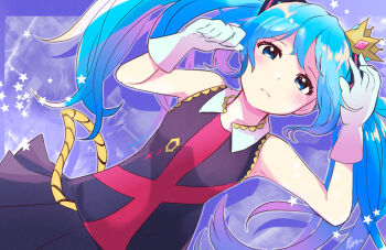 1girl aoiyui arm_up armpits bare_shoulders black_shirt black_skirt blue_eyes blue_hair closed_mouth commentary crown expressionless gloves hand_up hatsune_miku kimagure_mercy_(vocaloid) long_hair looking_at_viewer mini_crown purple_background shirt skirt sleeveless sleeveless_shirt solo split_mouth star_(symbol) twintails upper_body vocaloid white_gloves