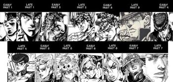 1980s_(style) 1990s_(style) araki_hirohiko battle_tendency comparison diamond_is_not_crash double_bun evolution giorno_giovanna gyro_zeppeli hat higashikata_josuke jojo_no_kimyou_na_bouken jonathan_joestar joseph_joestar joseph_joestar_(young) kuujou_jolyne kuujou_joutarou multicolored_hair oldschool phantom_blood pompadour profile retro_artstyle stardust_crusaders steel_ball_run stone_ocean sweat two-tone_hair vento_aureo