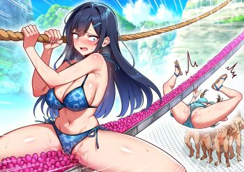 2girls 6+boys amamiya_chihiro bikini black_hair blue_bikini blue_eyes blush breasts brown_hair cameltoe censored crowd falling floral_print floral_print_bikini frilled_bikini frills hair_ornament hairclip hechima_koubou highres large_breasts long_hair looking_down mesu_game_~tsukamareba_soku_nakadashi!_100_hyaku_oku-en_to_chijoku_o_kaketa_survival~ mosaic_censoring mountainous_horizon multiple_boys multiple_girls nature outdoors penis print_bikini pussy_juice rope_walking running shiny_skin side-tie_bikini_bottom sweat swimsuit twintails waiting